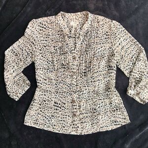 Christopher & Banks Leopard Print Button-Down‎ Blouse Mob Wife Pleated Large